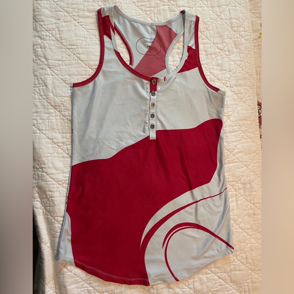Oiselle Lux Red and Light Blue Henley Tank Top
